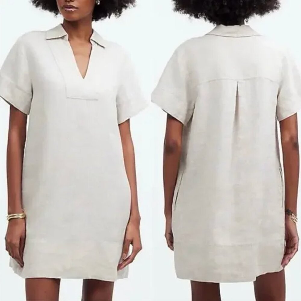 Madewell V-neck Palma Mini Dress in 100% Linen Natural Undyed nq627 Size XXS